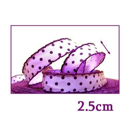 X1 mètre de ruban large (2.5cm) gros grain, pois violets sur fond parme,2.5cm 