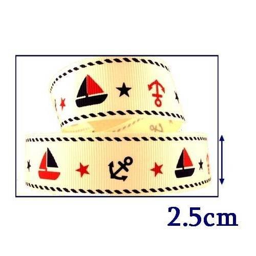 X1 mètre de ruban large (2.5cm) gros grain, motifs marins 