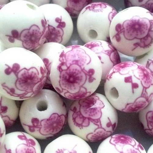 X10 perles en porcelaine, 14mm rondes, à fleurs roses 