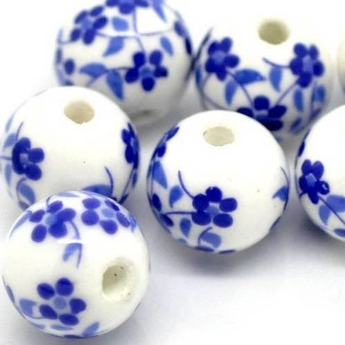 X10 perles en porcelaine, rondes, à fines fleurs bleues 12mm 