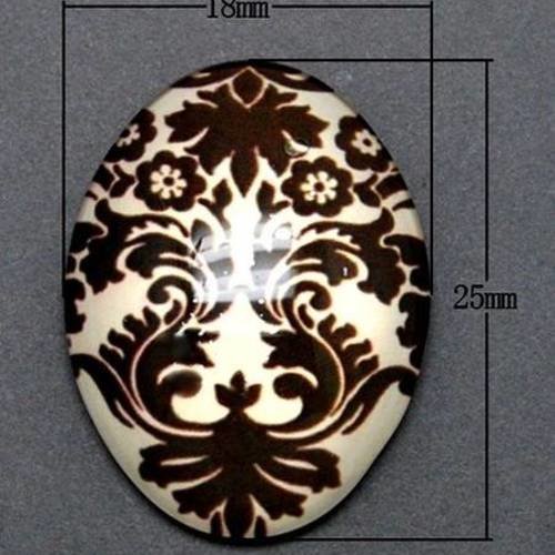 X10 cabochons en verre 25x18mm : motif fleuri baroque - beige et marron 