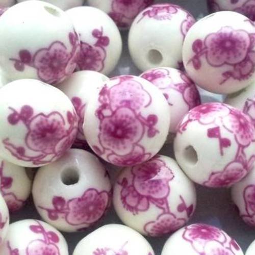 X10 perles en porcelaine, rondes, à fleurs roses 11mm 