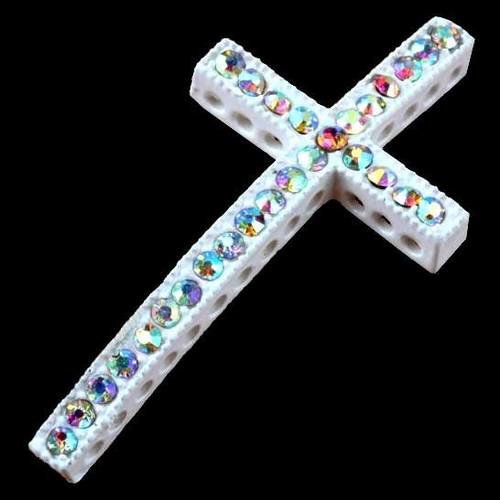 X1 croix incurvée blanche et strass en cristal, 5cm