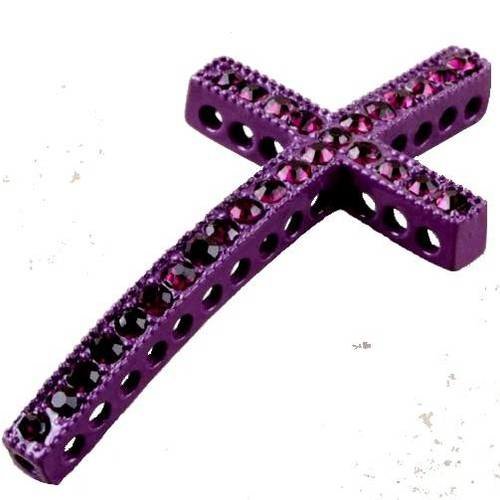 X1 croix incurvée violette et strass en cristal, 5cm 