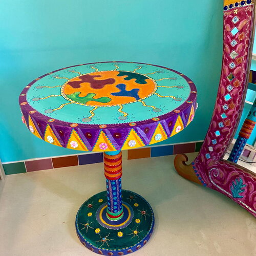 Meuble guéridon vintage "planète bleue" haut:67 cm x diamètre 59 cm