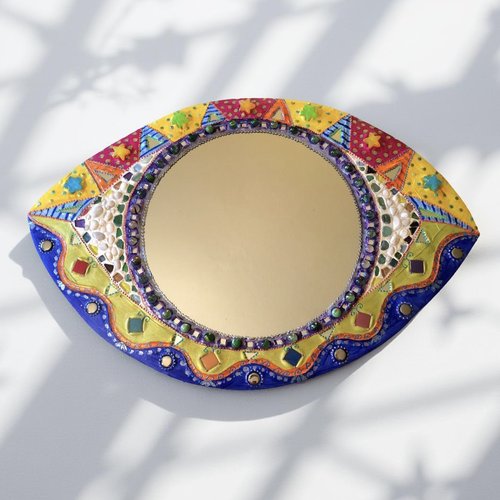 Miroir " œil magique"  mosaïque et peinture pièce unique