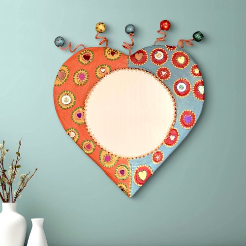Miroir cœur ""orange-turquoise" 33 x haut 39 cm