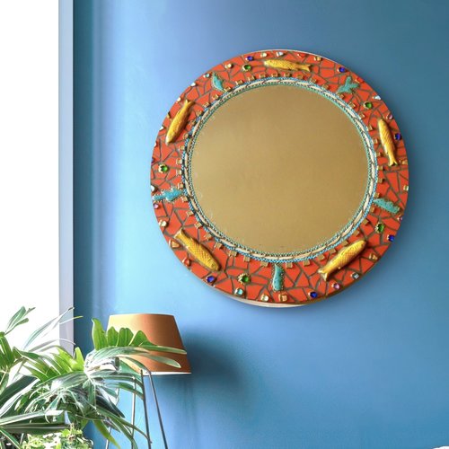 Miroir rond en mosaïque de céramique «  poissons jaunes d’or « 
