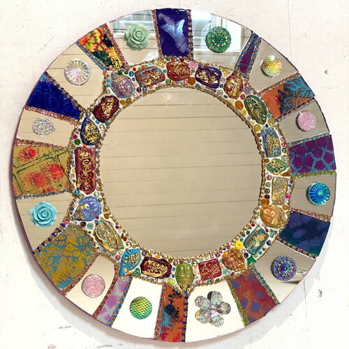 Miroir mosaïque rond "petits bouddhas" diamètre 39 cm décoration murale