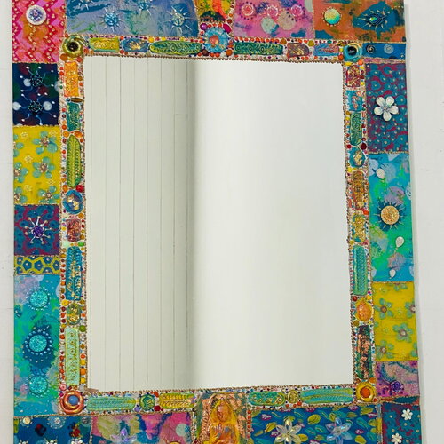 Miroir mosaïque de verre &quot;grand bouddha 4 traces&quot; 60 x 70 cm en verre peint et céramique-émaux- perles-décoration en couleurs