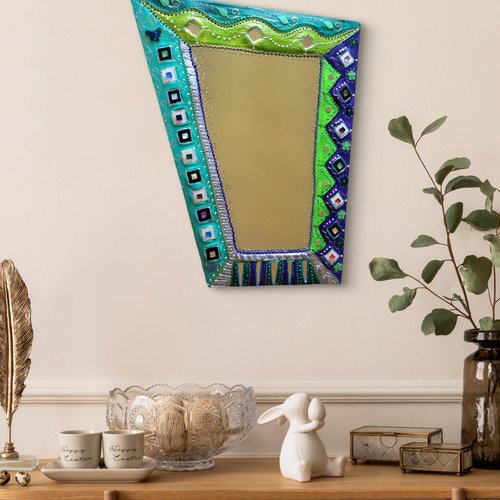 Miroir  peinture et mosaïque sur bois &quot;dakar&quot; 55 cm x 46 cm