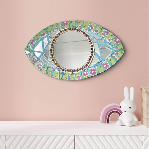 Miroir décoration murale mosaïque-œil du bonheur - 53 x 30 cm réalisé à la main avec motif floral – une