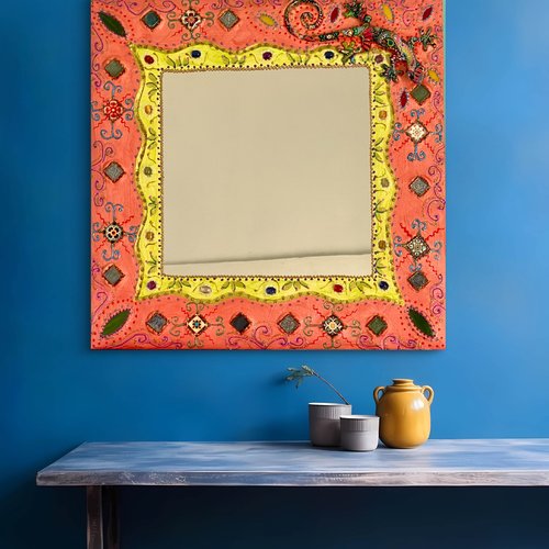 Miroir mosaïque et peinture  ; gecko du désert- cadeau unique-décoration murale