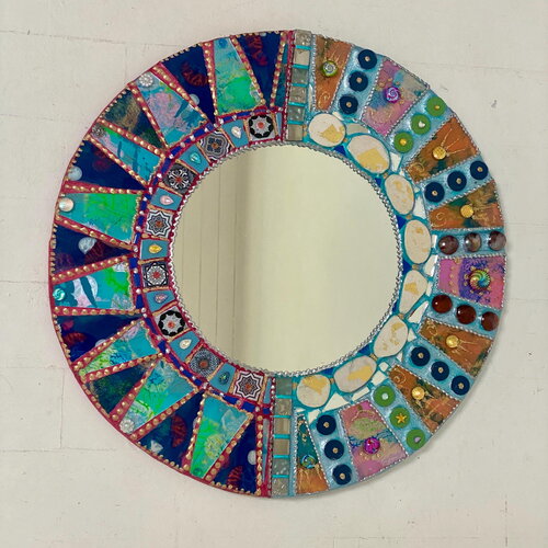 Miroir rond mosaïque de verre "soleil bleu" - diamètre 39 cm