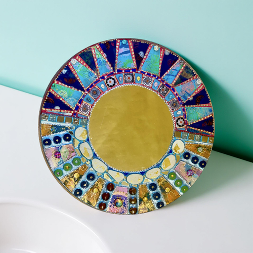 Miroir rond mosaïque de verre "soleil bleu" - diamètre 39 cm