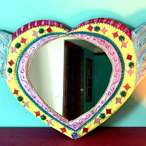 Cadeau unique amour" cœur aux ailes bleues" -peinture et mosaïque décoration murale