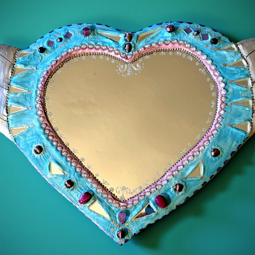 Cœur turquoise miroir mosaïque "cœur bleu ailes d'argent" 47 x 35 cm