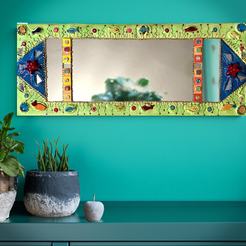 Miroir mosaïque et peinture ; aquarium ; 23 x 57 cm décoration murale poissons céramique