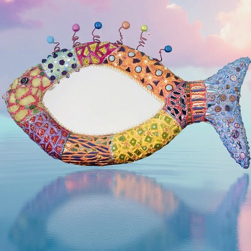 Miroir mosaïque -poisson boules~; poisson en volume sculpté 75 x 45 cm mosaïque et peinture décoration murale