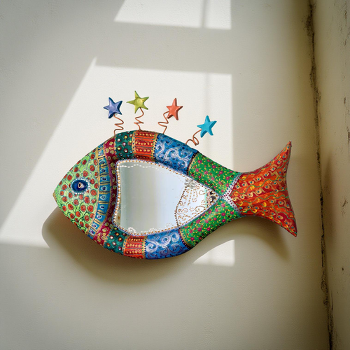 Miroir :poisson étoiles—sur volume peinture et mosaïque de perles