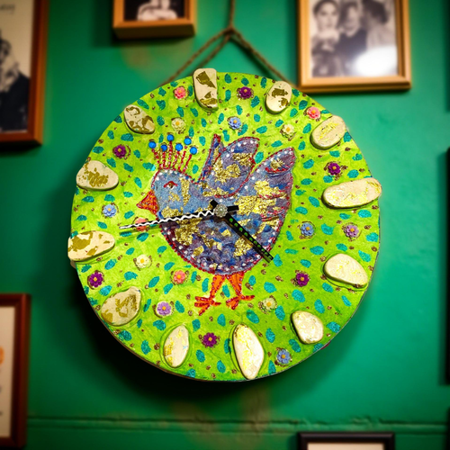 Horloge  murale unique « oiseau bleu dans le pré » diam. 30 cm décoration murale art fait main,