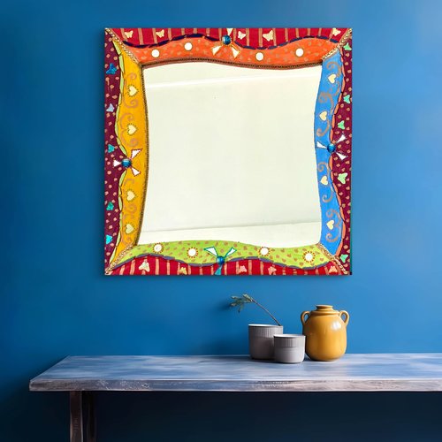 Miroir art mural peinture et mosaïque pièce unique fait main ,miroir  décoration de la maison- 4 saisons- 65x65 cm  technique mixte