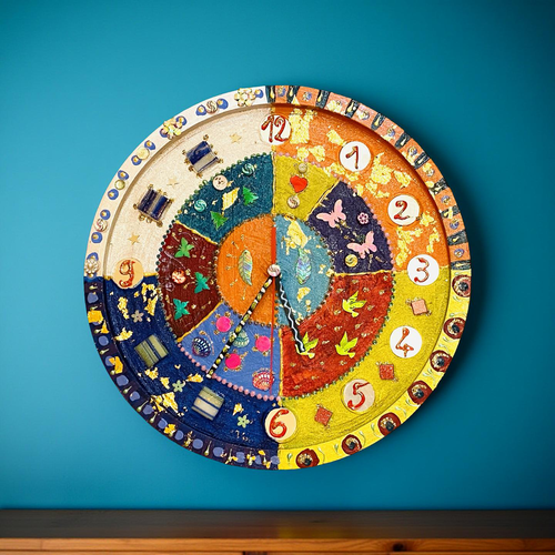 Horloge en peinture et céramique sur bois elles sont uniques diam. 30 cm décoration murale  cadeau original -art mural fait main