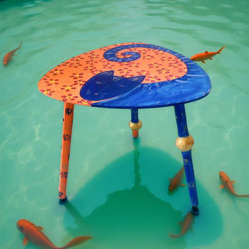 Table basse vintage unique fait main-;chat bleu -3 pieds avec des boules de couleurs