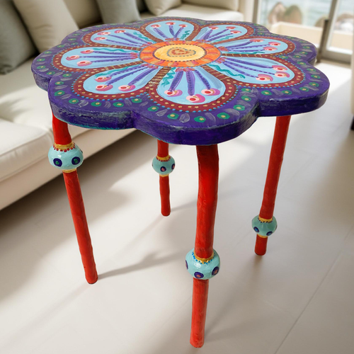 Guéridon-table basse vintage ";fleur multicolore" haut 46 cm diamètre 42 cm
