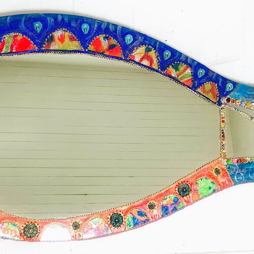 Grand miroir mosaïque mural  &quot;poisson magique&quot; &quot;mosaïque et peinture pop art 120 x 50 cm