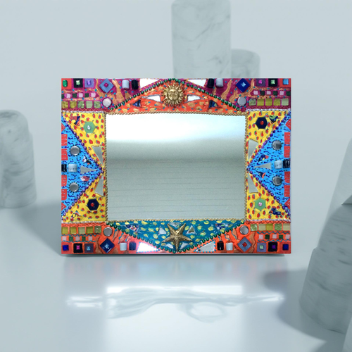 Miroir mural coloré -soleil levant -* peint à la main avec motif soleil en mosaïque