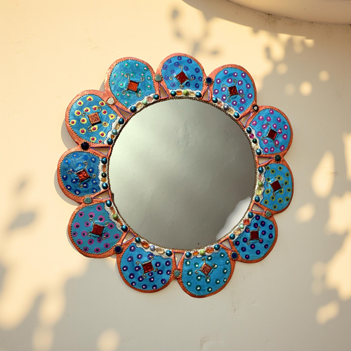 Miroir mosaïque et peinture  ;fleur des lumières t;  diam 66 cm