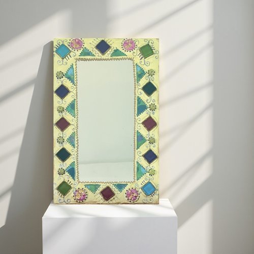 Miroir rectangulaire en mosaïque et peinture -vanille -décoration murale 41 x 26cm fait main -pièce unique