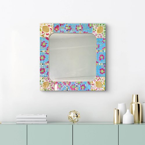 Miroir mosaïque céramique et verre peint à motifs fleurs fuchsia - pièce unique «  citrons »