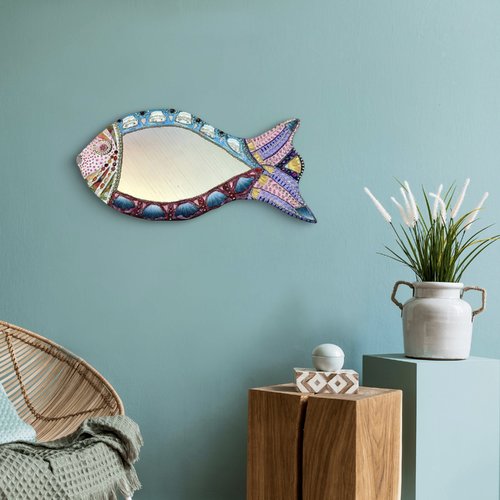 Miroir mosaïque poisson mural" poisson versailles" 75 x 38 cm unique design en mosaïque et peinture