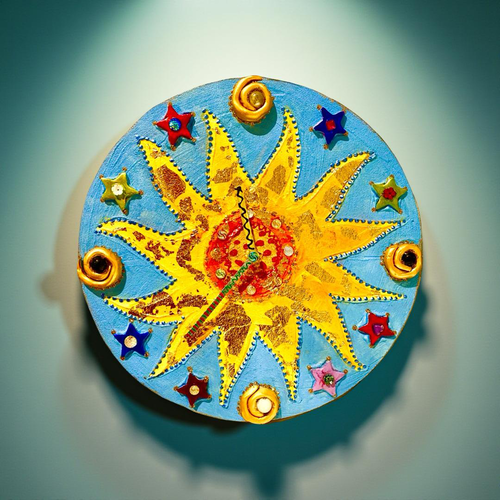 Horloge ronde ,mandalas soleil turquoise, art mural signé et fait main pièce unique signée diam 34  cm