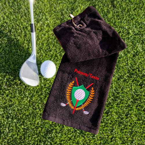 Trifold serviette de golf noir à personnaliser brodée avec un motif ensigne de golf cadeau golfeur