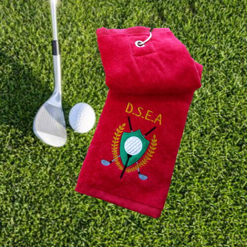 Tri-fold serviette de golf rouge personnalisée brodée motif ensigne de golf