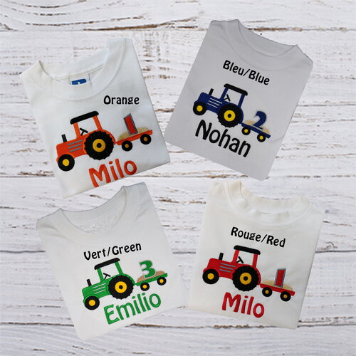 T-shirt anniversaire enfant personnalisé brodé tracteur et remorque t-shirt garçon