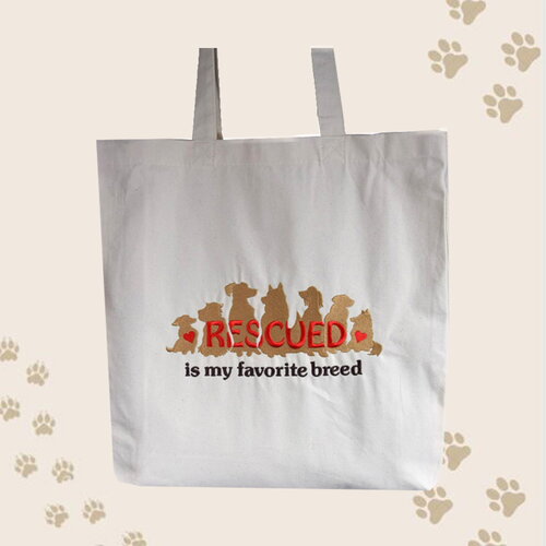 Sac shopping en toile brodé avec les chiens et texte anglaise rescued is my favourite breed