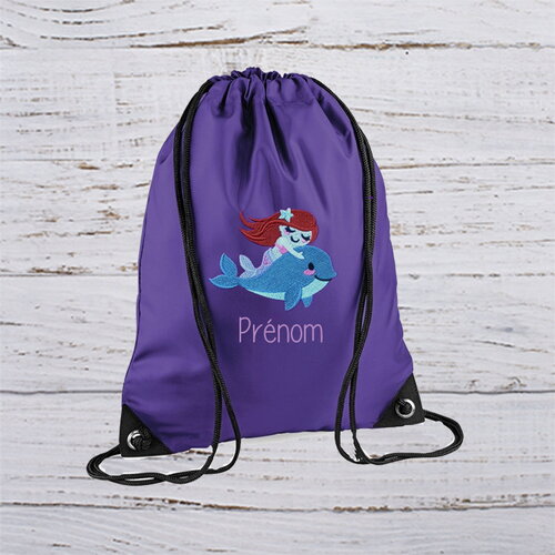 Sac de piscine natation enfant fille brodé avec motif sirene et  dauphin personnalisé couleur violet foncé