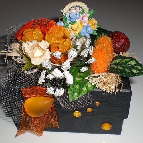 Boite cadeau décorée n° 11 noir panier de fleurs en porcelaine
