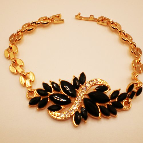 Magnifique bracelet doré, fleur noir avec strass