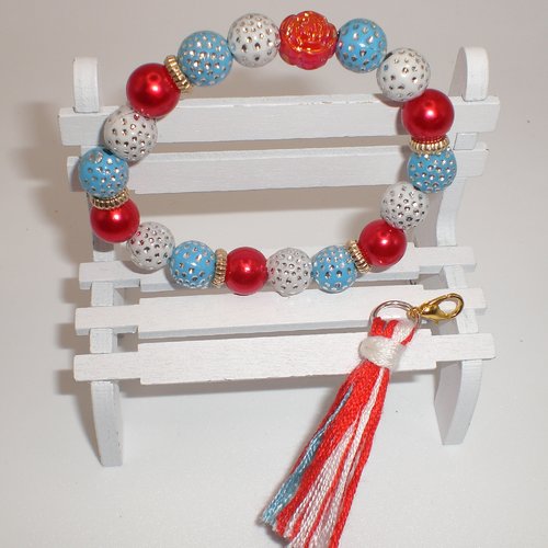 Beau bracelelet en perles strass bleu, blanc, rouge