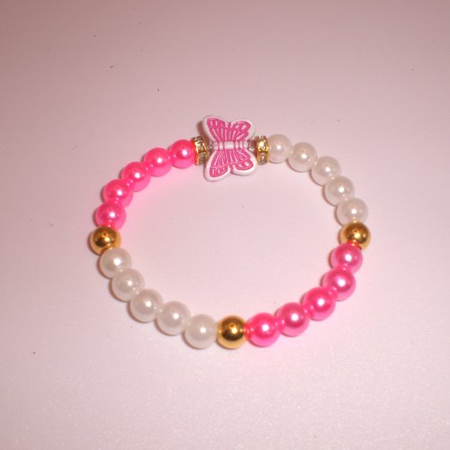 Mignon bracelet rose et blanc avec son papillon pour fillette
