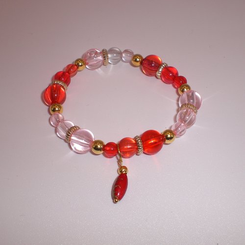 Sublime bracelet unique en perles silicone translucide rouge et rose