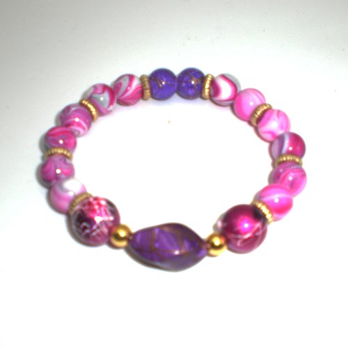 Superbe bracelet élastique en perles colorées, violet, rose, et doré