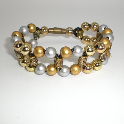 Beau bracelet double rang homme en perles doré et argenté