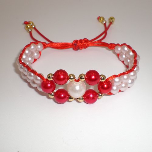 Beau bracelet en perles blanches nacrées et rouges