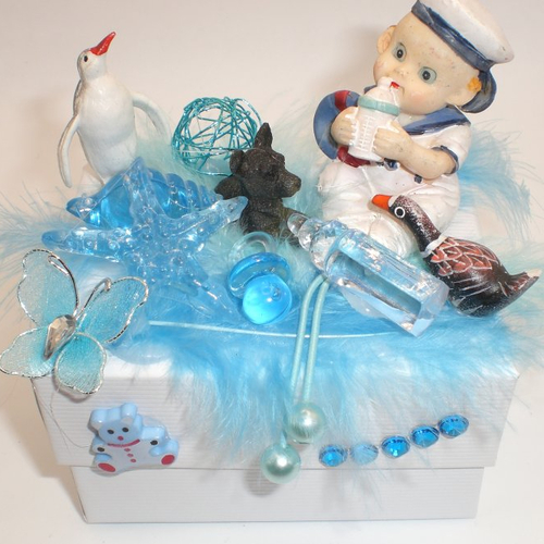 Boite cadeau 187 décorée d'un bébé marin et ses compagnons pour bijoux,, enveloppe, pour baptême, anniversaire, naissance et